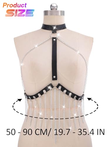 BODIY Punk Leather Chest Belt Silver Tassel Waist Belt Black Chest Harness Rave Adjustable Body Accessories for Women3