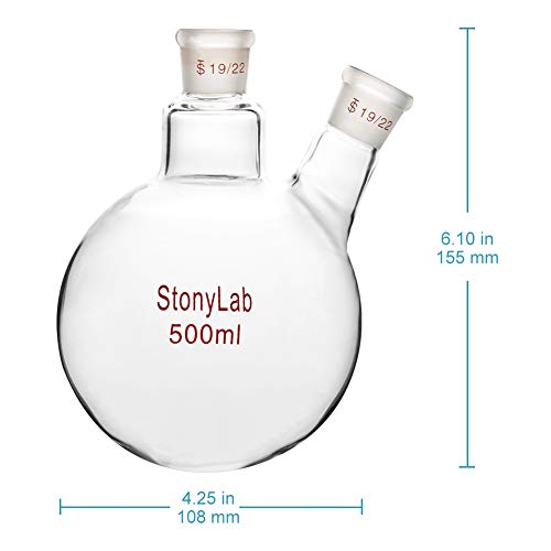 Stonylab Glass 500Ml Heavy Wall 2 Neck Round Bottom Flask Rbf, With 19/22 Center And Side Standard Taper Outer Joint - 500Ml #TOP1