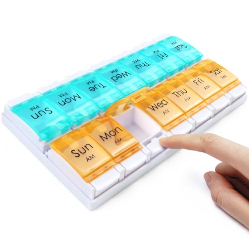 Image of MOLN HYMY Weekly Pill Organizer, AM PM 2 Times a Day, 14 Compartments, Push Button Design, for Medication, Vitamins, Supplements