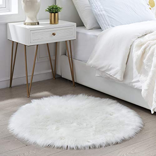 Round Fur Rug Fluffy Area Rug For Bedroom, White Faux Fur Rug Furry Circle Rug For Kids Room, Cute Princess Castle Furry Nursery Rug, Plush Shag Circular Rugs Floor Carpets For Teen Girl Room, 3X3 Ft #TOP1