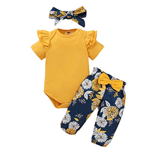 Baby Girl Clothes Summer Newborn Girl Outfits Infant Ruffle Short Sleeve Romper Top Floral Pants Cute Onesies 3-6 Month Girl Clothes (SF-Yellow)