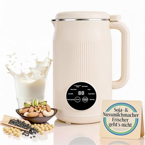 FONCOOD Nussmilchmaschine 1200mL Nussmilchbereiter mit Kochen 22000 U/min Pflanzenmilchbereiter mit 12 Klingen Intelligentes Touchdisplay Für Soja Mandel Hafermilch Inkl. Reinigungsbürste Beige