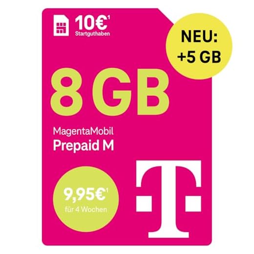 Telekom MagentaMobil Prepaid M mit 13 GB Highspeed-Volumen | 5G/LTE Max & Allnet Flat in alle dt. Netze | unverbrauchtes Datenvolumen weiter nutzen | EU Roaming & Hotspot Flat | 10 EUR Startguthaben