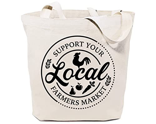 GXVUIS Support Your Local Farmers Market Canvas Tote Bag for Women Aesthetic Reusable Grocery Shoulder Shopping Bags White