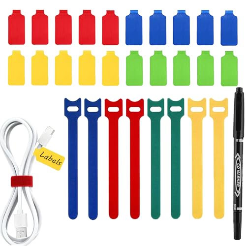 80 Pack Reusable Cable Labels & Cord Organizer Kit - 40 Color-Coded Write-On Wire Tags with Dual-Tip Marker + 40 Ties for Home Office Electronics Management, Cable Tags, Cord Labels, Wire Label