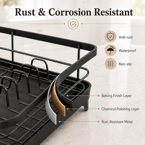 Image of COMFYHOME Bartan Basket with Drain Tray and Automatic Drainage,Thickened Carbon Steel,Utensils Drying Rack Includes Detachable Cutlery Holder and Cup Holder,Suitable for Any Kitchens (43 x 30 x 13cm)