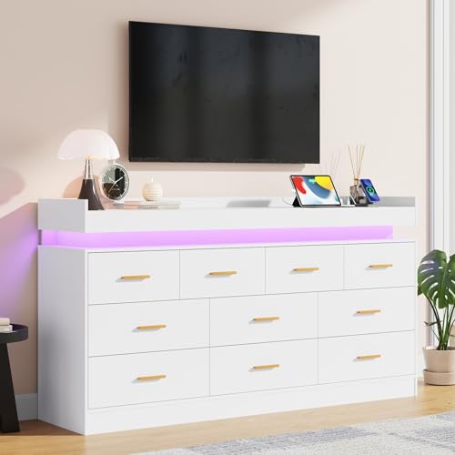 Image of Hlivelood 10 Drawer Dresser with LED Lights & Charging Station, Wide Wooden Chest of Drawers for Bedroom, Storage Organizer Cabinet, Modern TV Stand Dresser for Closet, Living Room, Hallway, White