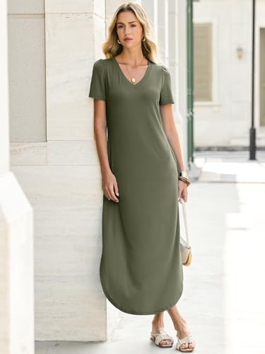 ANRABESS Women’s Summer Maxi Dress V Neck Short Sleeve Slit Side Shirt Dress Loose Fit Travel Beach Dress with Pockets Olive Large — view 6