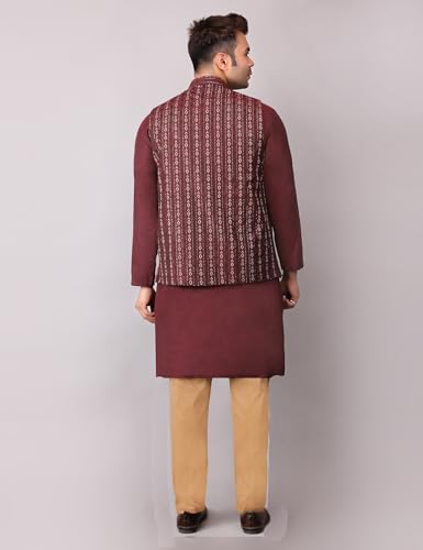 Image of Men's Cotton Silk Blend Regular Kurta Pyjama, Embroidered Nehru Jacket /Waistcoat Set
