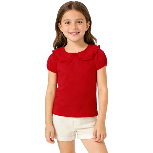 Magic Park 12M-5T Baby Girl Short Sleeve T-Shirt Toddler Ruffle Blouse Kid Solid Color Tee Casual Tops Holiday Clothes (5 Years, Short Red)