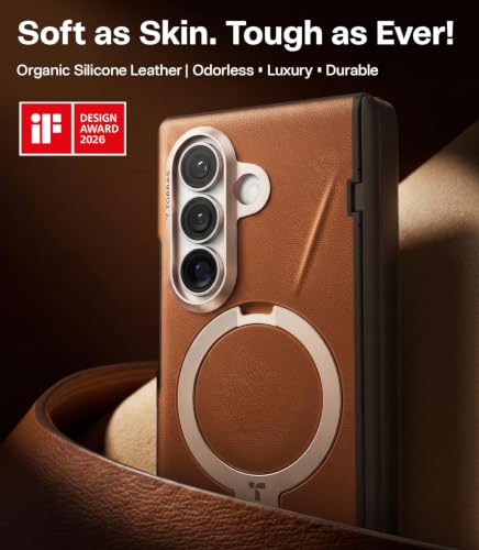 Image of TORRAS Q3 VegSkin for Samsung Galaxy Z Fold 8 Ultra 5G Case, Silicone Leather, 360 Magnetic Stand, Compatible with MagSafe, Hinge Protection, Slim Shockproof Back Cover, Brown