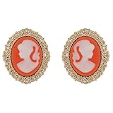 Fermoir tige poussette Boucles d\'oreilles Femme Camée orange et blanche Plaqué Or 750/000 et Résine - Neuves - Boucles d\'oreilles puce camé - idée de cadeau anniversaire noël
