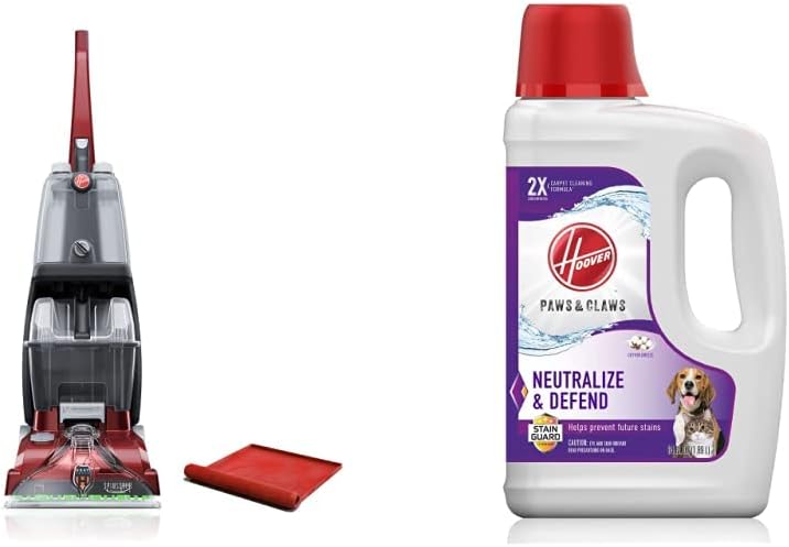 Hoover Power Scrub Deluxe Carpet Cleaner with Storage Mat, FH50150B and Hoover Paws & Claws Deep Cleaning Carpet Shampoo with Stainguard, Concentrated Machine Cleaner, 64oz Formula, AH30925