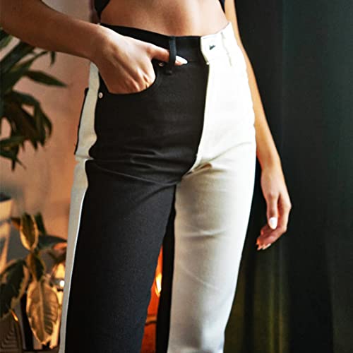 Women's High Waist Two Tone Color Block Jeans Straight Leg Stretchy Denim Pants2