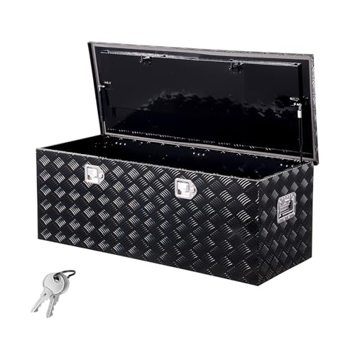 VEVOR Boîte à outils pour camion en aluminium, 1219,2x495,3x444,5 mm, coffre de benne de pick-up verrouillage, plaqué à rayures, avec poignées latérales et serrures, pour remorque camping-car, noir