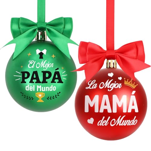 DPKOW 2 x bolas árvore natal pai mãe melhor presente, enfeites árvore natal pai mãe pais presente decoração natalícia para casa casa, originais, vermelho verde 80 mm inquebrável, plástico