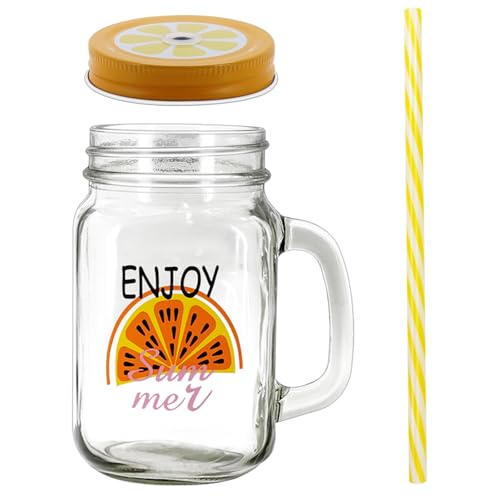 eispap Mason Jar Drinking Glasses 16 oz. Colored Mugs With Embossed Ice-Cold Drinkware Logo, Glass Mason Jar Mug With Handle. For Smoothies, Cocktails, Beverages. Hand Wash (1, Lemon)