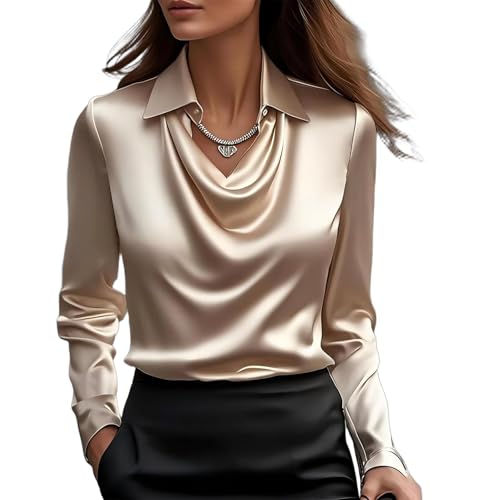 Lista de Blusa - 5 favoritos. 50 Blusa de satén de seda para mujer, elegante camisa de trabajo de manga larga, elegante y informal de negocios para oficina, Champán, M