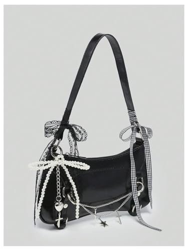 Image of Verdusa Women's Y2K Purse Coquette Bow Tie Vintage Shoulder Bags Lace PU Leather Kawaii Handbag
