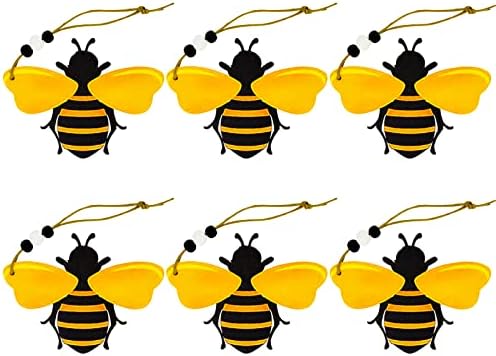 6 Pcs Bee Ornaments Wooden Bumblebee Honey Bee Hanging Decorations for Tree Wreath Sign Tray Farmhouse Cute Party Gifts Christmas Bee Festival Holiday Home Decor Rustic Art Crafts