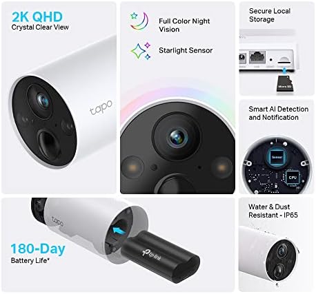 TP-Link Tapo 2K QHD Wireless Outdoor Security Camera, 2-Cam with Hub included, 180-Day Rechargeable Battery, 4MP, Colour Night Vision, AI Detection, SD Storage, Works with Alexa & Google (Tapo C420S2)