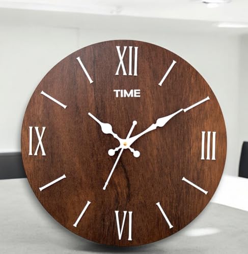 Image of cozyloom Wooden Wall Clock with Roman Numerals - Vintage Rustic Wooden Wall Clockt, Classic Analog Timepiece for Living Room, Bedroom & Wall Decor Styling