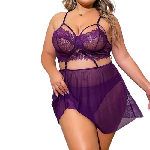 Women's Plus Size Lingerie Dress Fashion Sheer Lace Halter with Matching Gloves Nightgown Simulation Silk（Purple，X-Large)