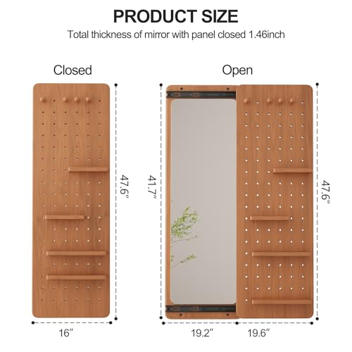 Image of KungFuWood Full Length Mirror with Shelf and Hooks,Entry Way Mirrors for Wall,Wall Mirror with Shelf,Wall Mirror with Storage Multifunctional Design Panel,Living Room (Cherry, 52.4 inch L x 19 inch W)