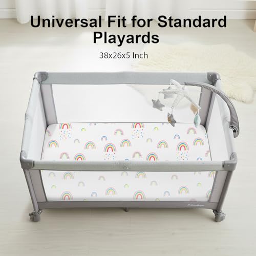Image of Plushii Mini Crib Sheets 4 Pack, 38 inchx 26 inch Extra Soft Microfiber Pack and Play Fitted Sheet for Mini Crib & Pack and Play Mattress, Playpen Sheet Fitted for Baby Girls,Rainbow