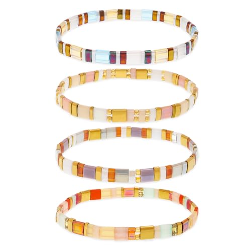 Tila Flat Beaded Bracelets Set for Women, 4Pcs Trendy Miyuki Glass Stack Beads Stretch Bracelet Outfit Accessories Jewelry Gift.