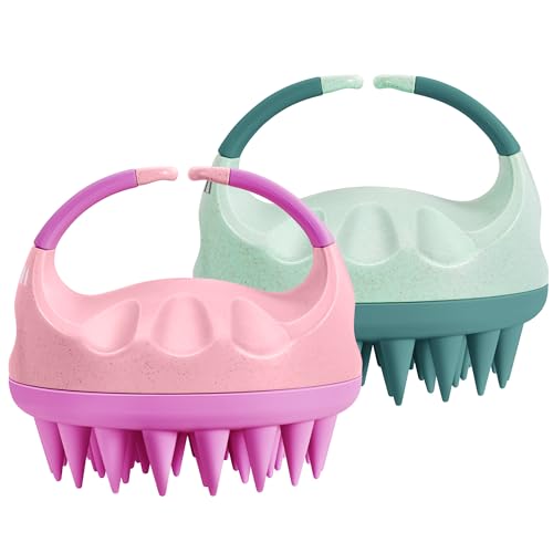 HEETA Scalp Massager Hair Growth with Soft Silicone Bristles to Remove Dandruff and Relieve Itching, Shampoo Brush for Hair Care & Relax Scalp, Scalp Scrubber for Wet Dry Hair (Coral Pink & Green)