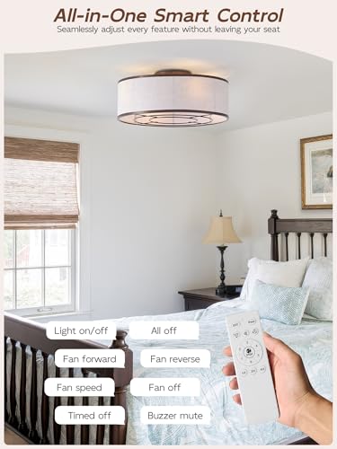 Image of 20 inch Brown Ceiling Fans with Lights, Boho Flush Mount Ceiling Fan with Light and Remote, Drum Fabric with 6 Speeds for Bedroom, Nursery, Living Room