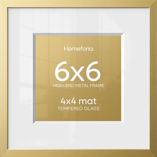 Image of Homeforia 6x6 Picture Frame Gold, High End Metal 6 x 6 Square Photo Frames with Mat 4 by 4, 6x6 Poster Frame Matted to 4x4 inches Print, 6by6 Wall or Tabletop Frame, Tempered Glass, Wall Kit, Set of 1
