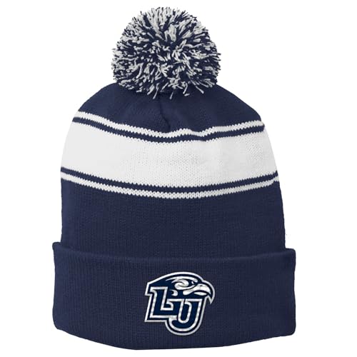 UGP Campus Apparel - BN508 - Liberty Flames Primary Logo - Sport Team Stripe Pom Pom Beanie - One Size - True Navy/White