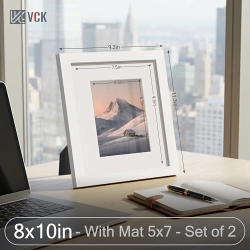 Image of VCK 8x10 Picture Frame 2 Pack, White Wood, 5x7 Mat, Glass, for Photo Print