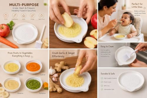 Image of Ceramic Garlic Grater Plate with Cleaning Brush, Manual Fruit Vegetable Garlic Ginger Grinding Dish for Puree Preparation,