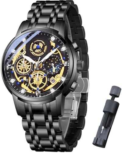 senstone Moon Phase Watch for Men Chronograph Dial Analog Quartz Wristwatch Luxury Diamond Business Dress Watch with Luminous Waterproof Calendar Stainless Steel Strap