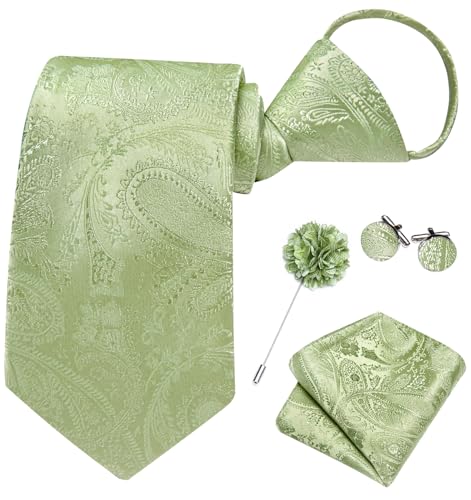 Image of Hi-Tie Zipper Sage Green Paisley Ties for Men Adjustable Pre-Tied Necktie Lapel Pin Pocket Square Cufflinks Set