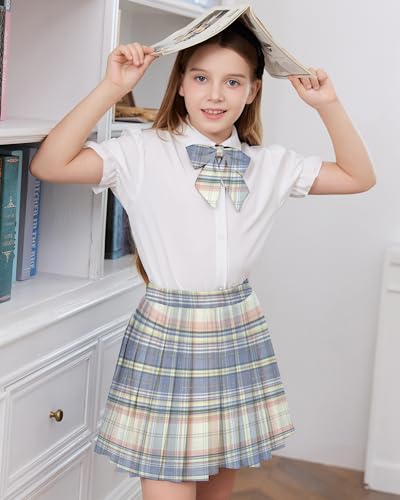 Image of Betusline Girls Skirt Set JK School Uniform 2-Piece Outfit - Short Sleeve Shirt with Bow & Pleated Skirt 4T-14Y