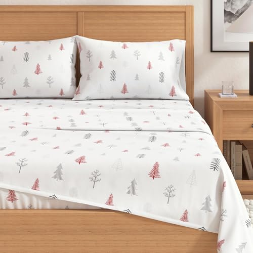 Image of Great Bay Home Flannel Sheet Set King Size - 100% Turkish Cotton, Double-Brushed, Printed Bed Sheets - Ultra-Soft, Cozy, 4-Piece Bedding Set (Winter Trees - Red)