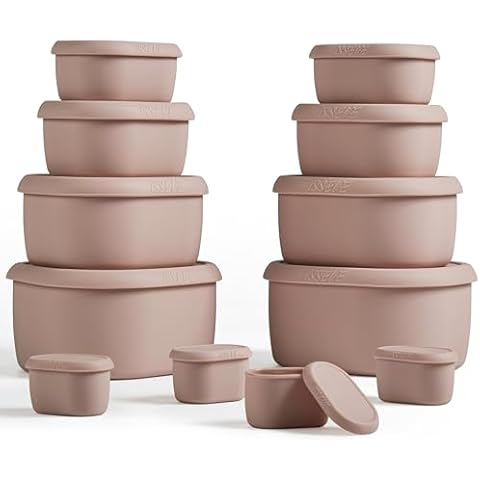 ISSEVE 12Pcs/Set Nesting Silicone Food Storage Containers with Lids, BPA Free Reusable Meal Prep Silicone Containers Airtight, Freezer Dishwasher Safe (33.8oz, 20oz, 10oz, 6.7oz, 1.3oz) (Pink) Cover