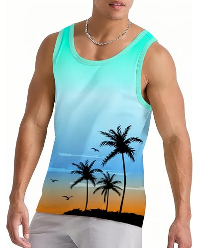 Nidoul Mens Beach Tank Tops Summer Graphic Palm Tree Sleeveless Shirts for Men Vacation Gym Running Workout Tank Top