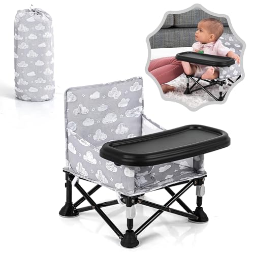 Image of Toddler Booster Seat for Kitchen Chair & Travel - Portable Foldable with Removable Tray, Baby Camping Chair 6-36 Months Indoor Outdoor (White Cloud Design)