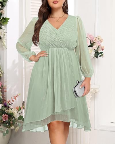 Image of Talisea Plus Size Cocktail Dress - Formal Wedding Guest Fall Long Sleeve A Line Pleated V Neck Midi Dresses for Curvy Women