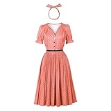 Wellwits Femmes Robe Cocktail Vintage à Pois et Volants Manches Bouffantes Plissée Rose M