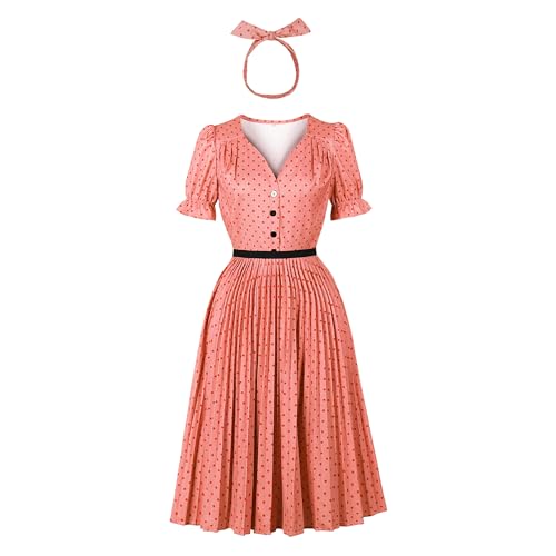 Image of Wellwits Women's Ruffle Puff Sleeves Vintage Dress Cocktail Pink L