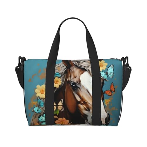Travel Duffel Bag for Women, Large Shoulder Weekender Overnight Bag, Sport Gym Bag for Men, Carry On Tote Bags, A horse with flowers and butterflies Luggage Bag for Travel Essentials