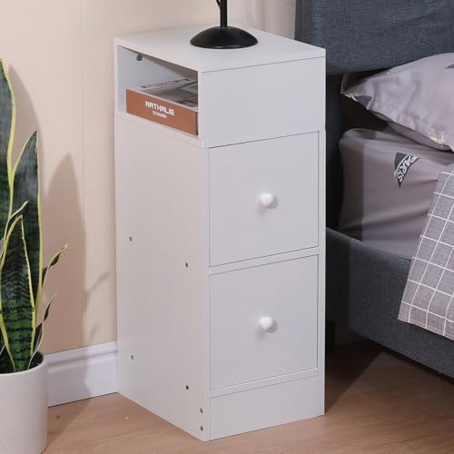 Mesita de noche delgada con 2 cajones y estante abierto, mesa compacta de madera para teléfono para oficina en casa, mesita de noche estrecha para dormitorio, sala de estar, sofá, mesa auxiliar,