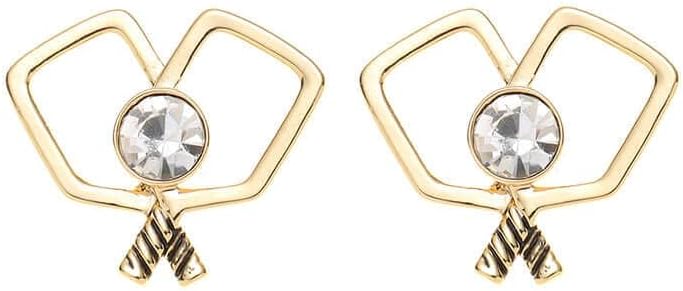 Pickleball Earrings for Women — Double Paddle Stud Earrings with Rhinestone Ball, Cute Pickleball Gift, Sporty Jewelry