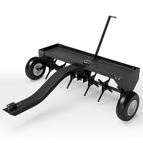 SierraSquad 40-Inch Tow Behind Aerator Heavy Duty Plug Aerator with Universal Hitch Lawn Aerator Tow Behind with Steel Tines Tray & Inflatable Wheels for Gardens Lawns and Farms Black